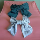 Satin Big Bow Clip Green + Grey ( Set of 2 ) - B20